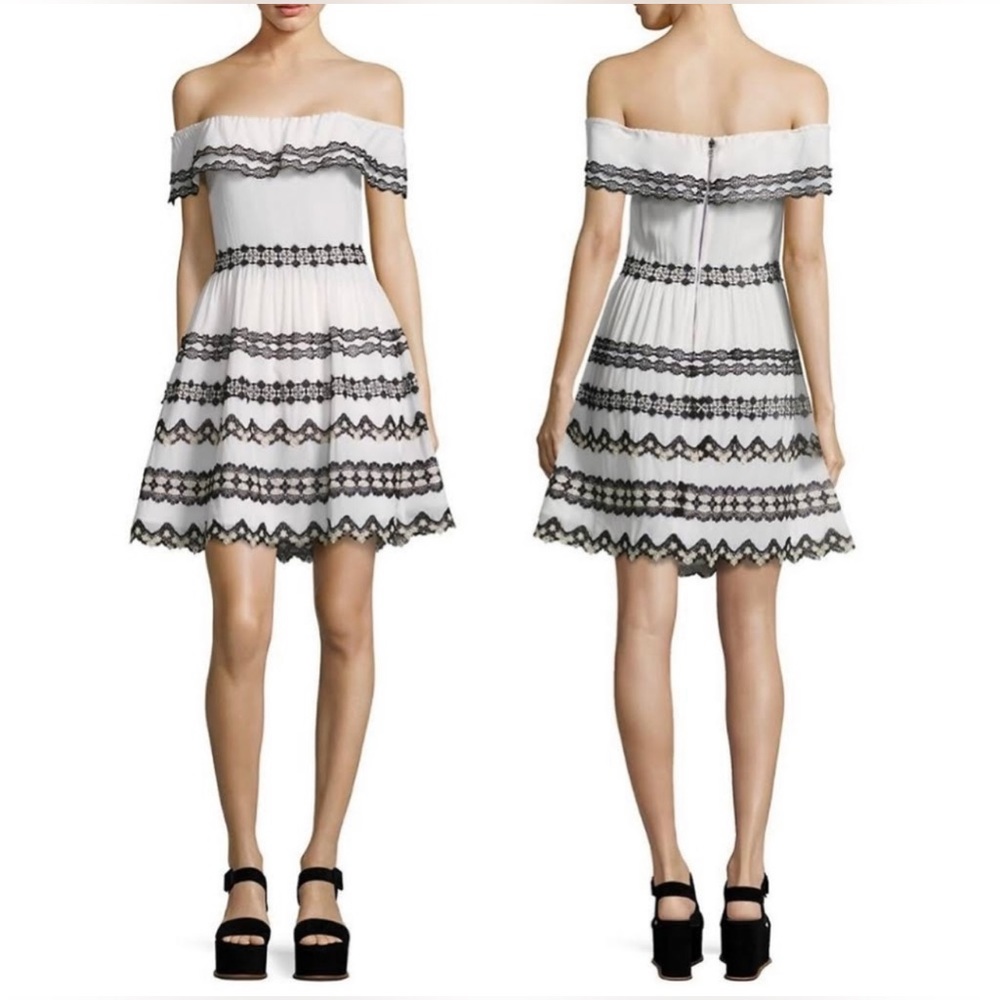 Alice + Olivia Black & White Rozzi Off Shoulder Lace Trim Embroidery Dress - Picture 6 of 13